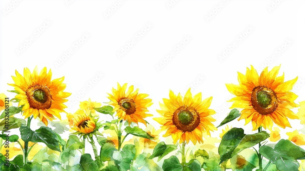 Sunflowers in a garden, vivid colors on a white background. Sunflowers in a garden, vivid colors on a white background.