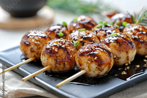 Close-up of Japanese Takoyaki Skewers Drizzled with Sweet Sauce