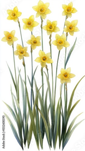 Yellow daffodil flowers with green leaves, white isolated background