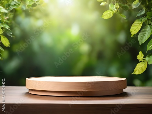 blank podium for display product with blurred green leaves background