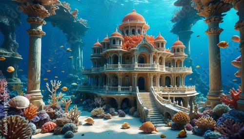 An enchanting underwater palace made of coral and seashells, with marine creatures swimming gracefully around, creating a peaceful and otherworldly atmosphere, Generative AI photo