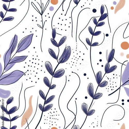 Elegant Botanical Patterns with Purple Leaves and Modern Dots Design