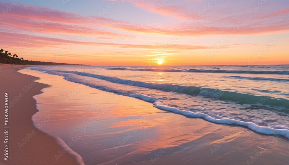 A calming beach sunset, where gentle waves lap against the shore, and pastel colors fill the sky, inviting relaxation and reflection, Generative AI A calming beach sunset, where gentle waves lap against the shore, and pastel colors fill the sky, inviting relaxation and reflection, Generative AI