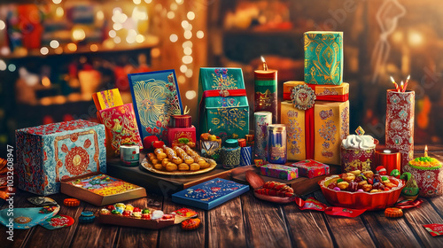 A festive display of colorful sweets and decorative boxes, celebrating a cultural occasion.