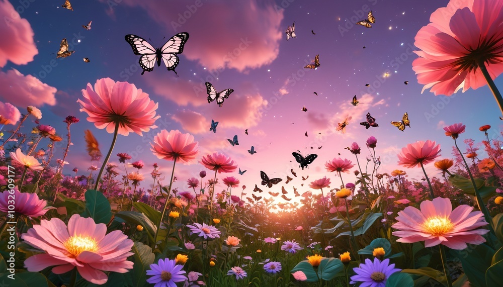 A whimsical garden with giant glowing flowers and hovering butterflies under a pink sky, evoking a sense of wonder and imagination, Generative AI A whimsical garden with giant glowing flowers and hovering butterflies under a pink sky, evoking a sense of wonder and imagination, Generative AI