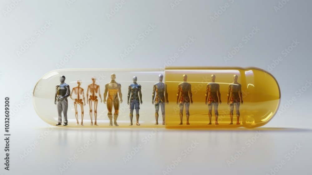 Fototapeta premium Transparent capsule containing human figures depicting various stages of anatomical evolution. Medical Concept for Healthcare and Education. Generative ai