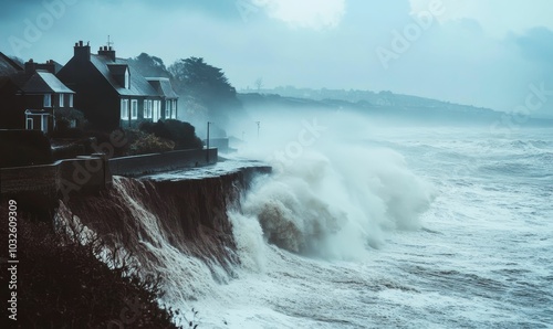 House on cliff with stormy ocean waves.