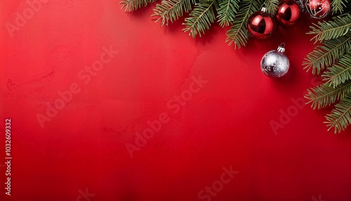 red empty background with christmas baubles and fir branches