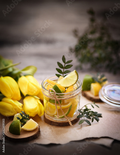 The photo shows a glass jar filled with lemon and lime slices, tied with a thin string, standing on a wooden coaster