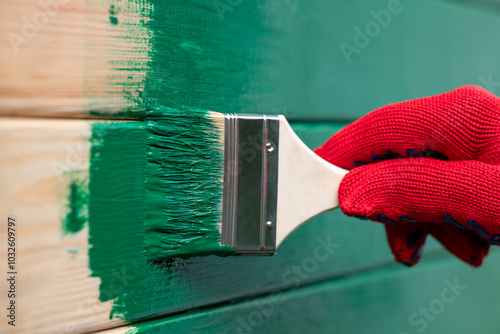 Fototapeta Naklejka Na Ścianę i Meble -  Painting wall in green color. Applying dye to wooden wall of a house with brush