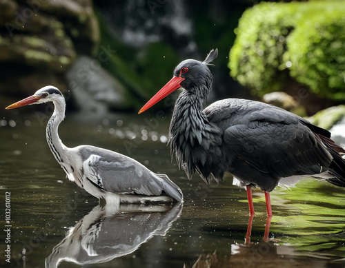 Black stork and Grey heron in the water