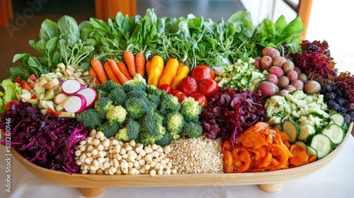 A beautifully arranged vegan food platter on a table, featuring raw fresh vegetables, leafy greens, and healthy grains for a balanced wellness lifestyle.