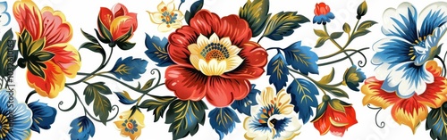 Vibrant Petrikovskaya painting featuring intricately designed flowers in red, blue, and yellow tones against a white background photo