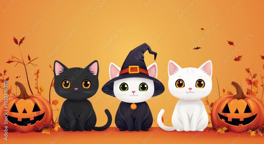 three cute cats sitting together in front of orange background, dressed up for halloween with witch hat and pumpkins three cute cats sitting together in front of orange background, dressed up for halloween with witch hat and pumpkins