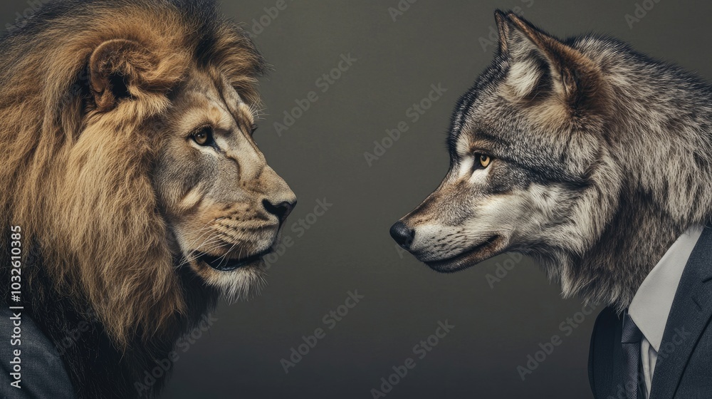 A business duel between a lion in a suit and a wolf in a suit, set on a muted grey background, highlighting their rivalry. A business duel between a lion in a suit and a wolf in a suit, set on a muted grey background, highlighting their rivalry.