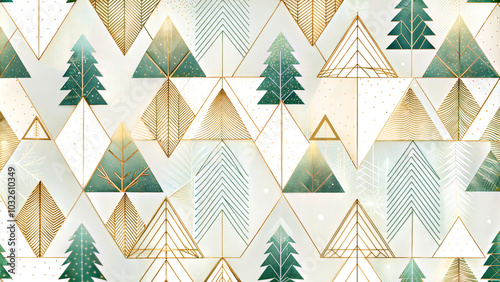 minimalistic pattern with christmas trees  green and gold, white background, New Year 
