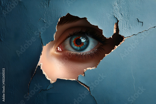 Blue eye peeking through cracked wall, realistic texture, detailed iris, concept of curiosity, hidden secrets, dramatic lighting, creative design, mystery, and artistic visual metaphor

 photo