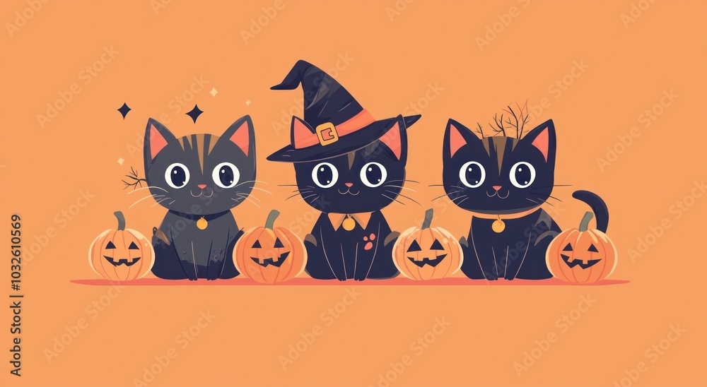 three cute cats sitting together in front of orange background, dressed up for halloween with witch hat and pumpkins