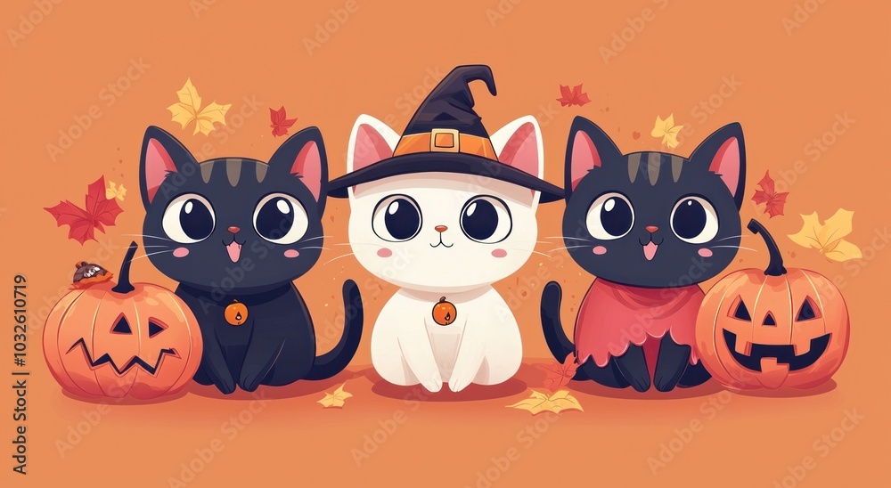 three cute cats sitting together in front of orange background, dressed up for halloween with witch hat and pumpkins three cute cats sitting together in front of orange background, dressed up for halloween with witch hat and pumpkins