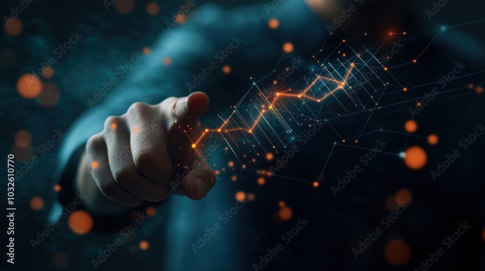 A hand interacting with digital data visualization, symbolizing technology and innovation. A hand interacting with digital data visualization, symbolizing technology and innovation.