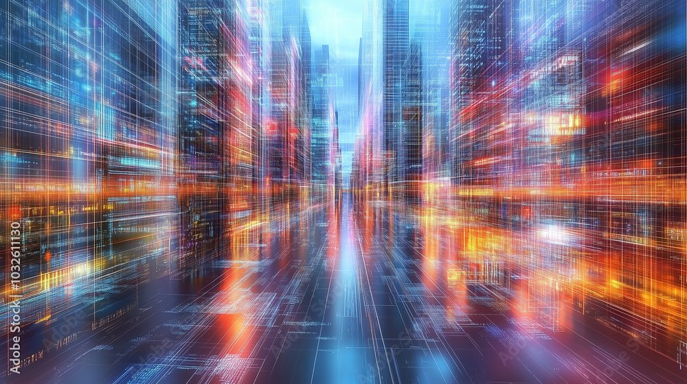 Blurry futuristic city with vibrant lights and digital interface elements in a cyberpunk style Blurry futuristic city with vibrant lights and digital interface elements in a cyberpunk style