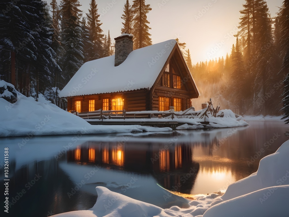 Fototapeta premium A cozy winter cabin covered in snow, with a warm light glowing from the windows, surrounded by pine trees and a frozen lake