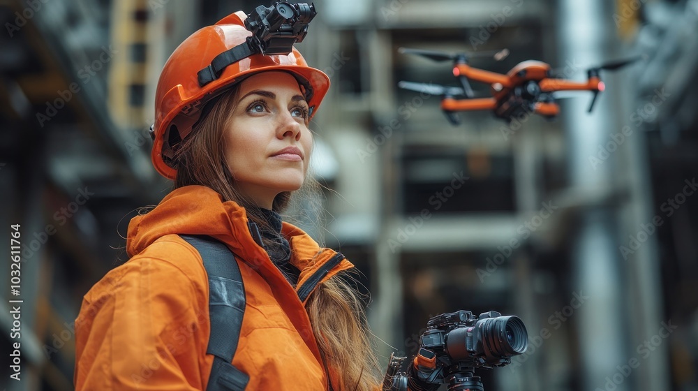 A construction worker in safety equipment uses a drone to monitor the building A construction worker in safety equipment uses a drone to monitor the building