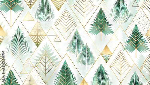 abstract green and gold Christmas trees pattern on white background, New Year