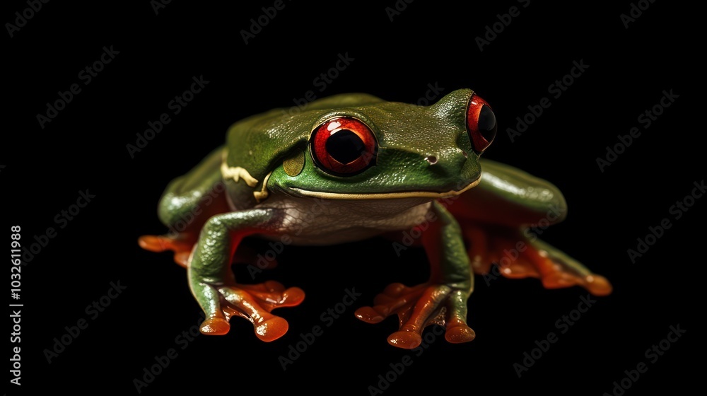 A vibrant green frog with red eyes, positioned against a dark background. A vibrant green frog with red eyes, positioned against a dark background.