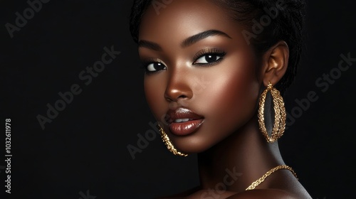 An elegant woman with smooth skin shines in gold jewelry against a dark backdrop during an evening event photo