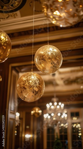 Elegant golden ornaments hanging in a lavish hall, setting the mood for a New Year’s Eve black-tie celebration photo