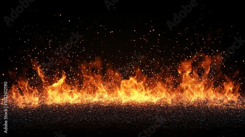 Fire embers particles over black background. Fire sparks background. Abstract dark glitter fire particles lights. photo