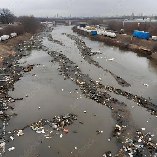 Industrial waste pollution in rivers causes damage to the ecosystem photo