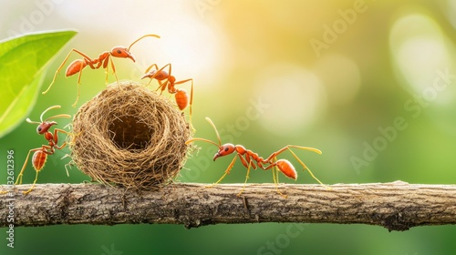 Red ants working on their nest in a vibrant natural environment. photo