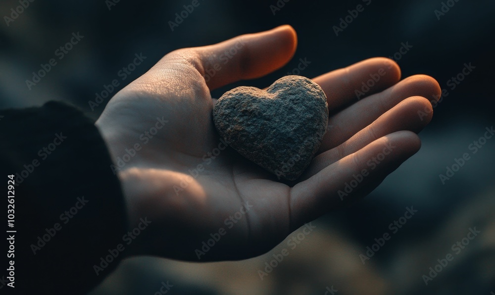 A hand holds a heart-shaped stone. A hand holds a heart-shaped stone.
