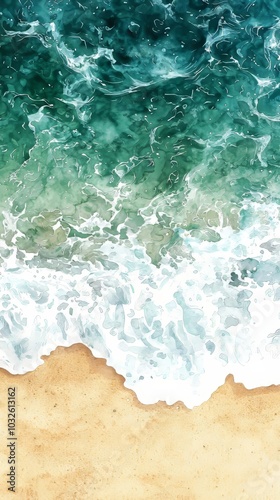 Coastal wave crashing on sandy beach, vibrant ocean hues