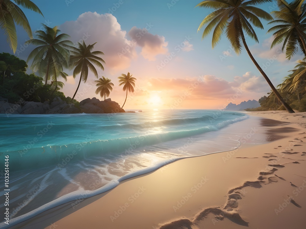 A serene tropical beach at sunrise, with turquoise water, soft sand, palm trees swaying in the breeze, and gentle waves lapping the shore A serene tropical beach at sunrise, with turquoise water, soft sand, palm trees swaying in the breeze, and gentle waves lapping the shore