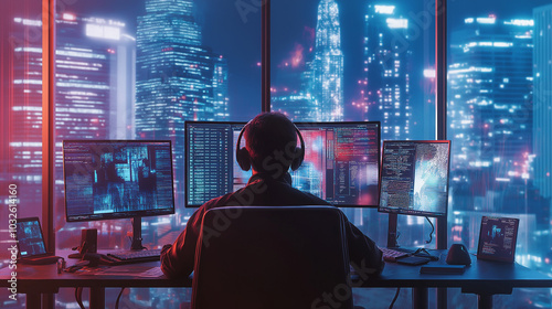 A digital nomad working from home, surrounded by multiple screens and gadgets, wearing headphones while on a virtual meeting. A sleek, high-tech desk setup, with futuristic lighting.