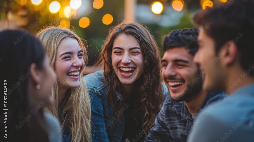 Group of friends smiling and laughing together at a social gathering or event Group of friends smiling and laughing together at a social gathering or event