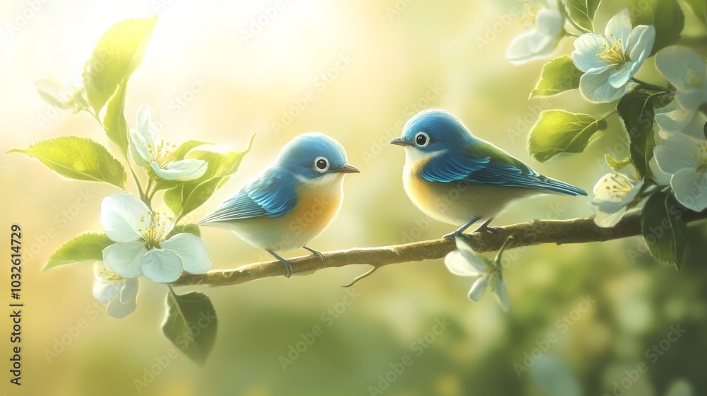 Obraz premium Two blue birds perched on a branch surrounded by white flowers in a soft, glowing background.