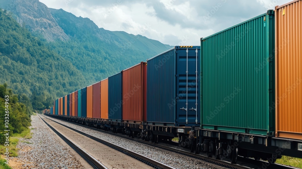 A colorful train of shipping containers travels along a railway through a mountainous landscape under a cloudy sky. A colorful train of shipping containers travels along a railway through a mountainous landscape under a cloudy sky.