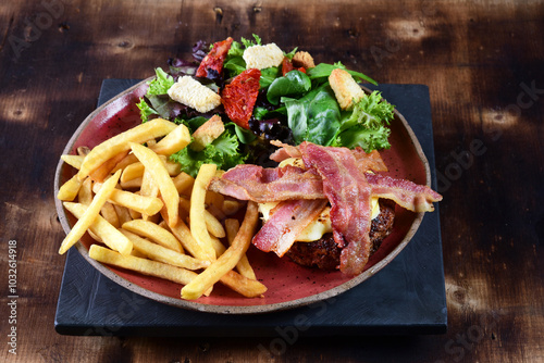 plate with beef fillet, salad and mashed potatoes, healthy food, tasty, light lunch