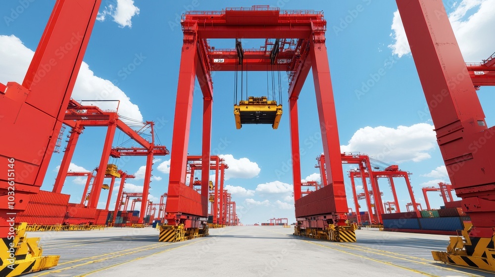 A vibrant industrial scene featuring towering red cranes lifting cargo under a clear blue sky. A vibrant industrial scene featuring towering red cranes lifting cargo under a clear blue sky.