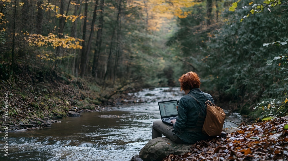 A woman with short red hair working on her laptop while sitting on a rock at the edge of a forest, with a river flowing nearby. The natural sounds and earthy surroundings create a peaceful, grounding A woman with short red hair working on her laptop while sitting on a rock at the edge of a forest, with a river flowing nearby. The natural sounds and earthy surroundings create a peaceful, grounding