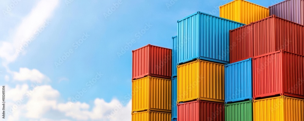 Fototapeta premium A vibrant stack of colorful shipping containers against a bright blue sky, showcasing an industrial scene filled with energy and structure.