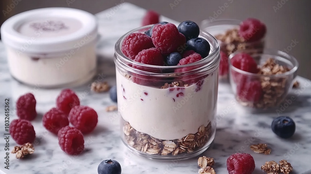 A delicious parfait with yogurt, granola, raspberries, and blueberries. Perfect for breakfast or a healthy snack. A delicious parfait with yogurt, granola, raspberries, and blueberries. Perfect for breakfast or a healthy snack.