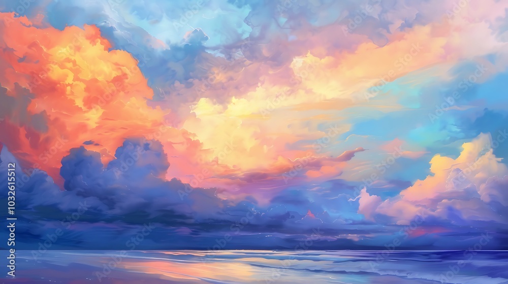 Fototapeta premium Billowy clouds merging with a colorful sunset horizon.
