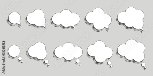 White empty think bubbles in various shapes with shadows. Vector design.
