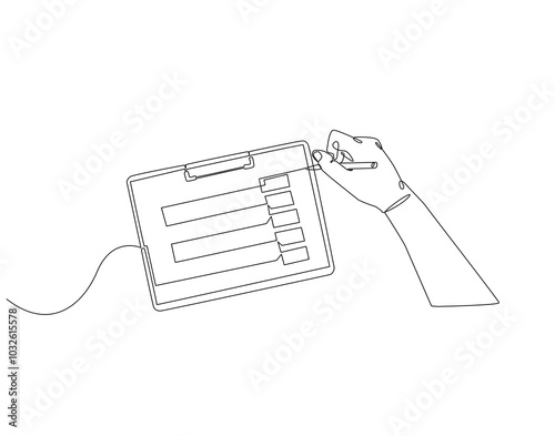 Continuous one line drawing of hand checking clipboard. One line drawing illustration of hand writing on clipboard. Checking, Report, Business concept line art. Editable outline