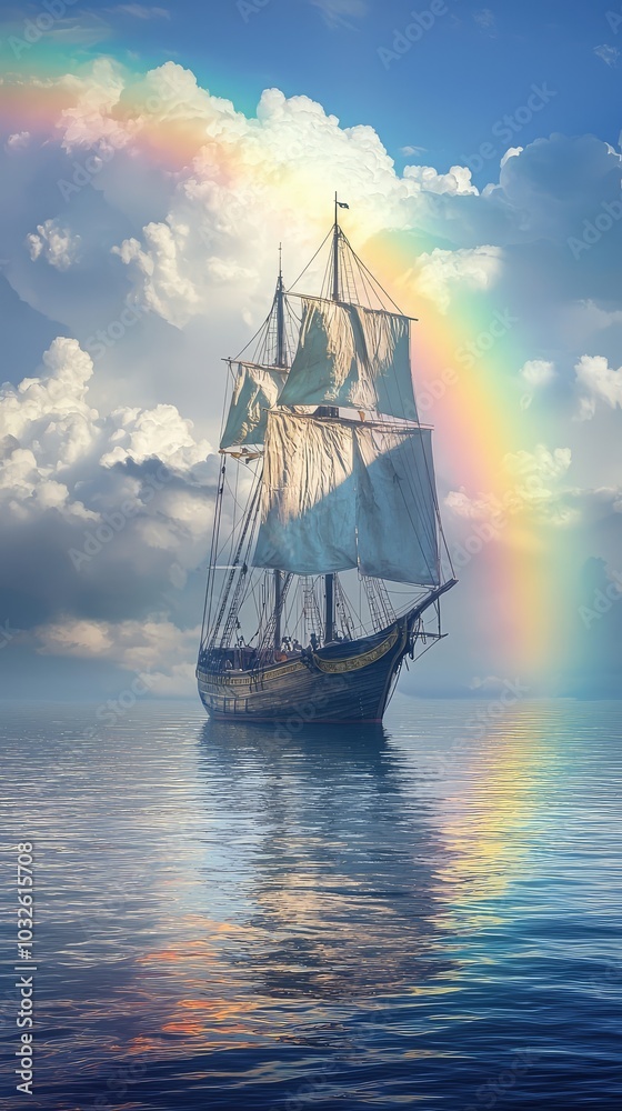 Fototapeta premium Stunning Ship Sailing Through a Rainbow Era